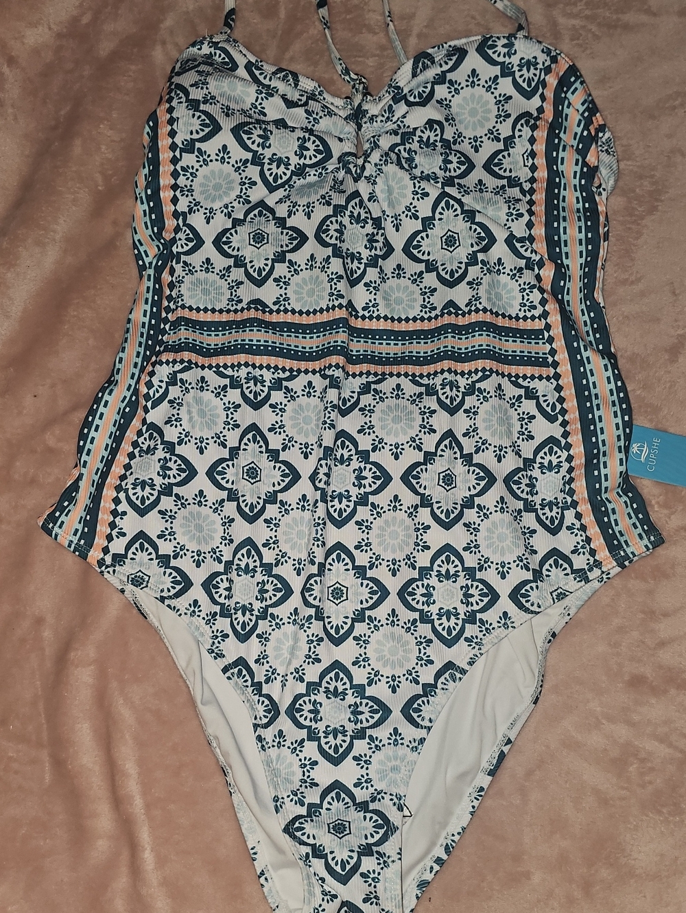 Cupshe One Piece Bathing Suit in Blue Geometric NWT. XL